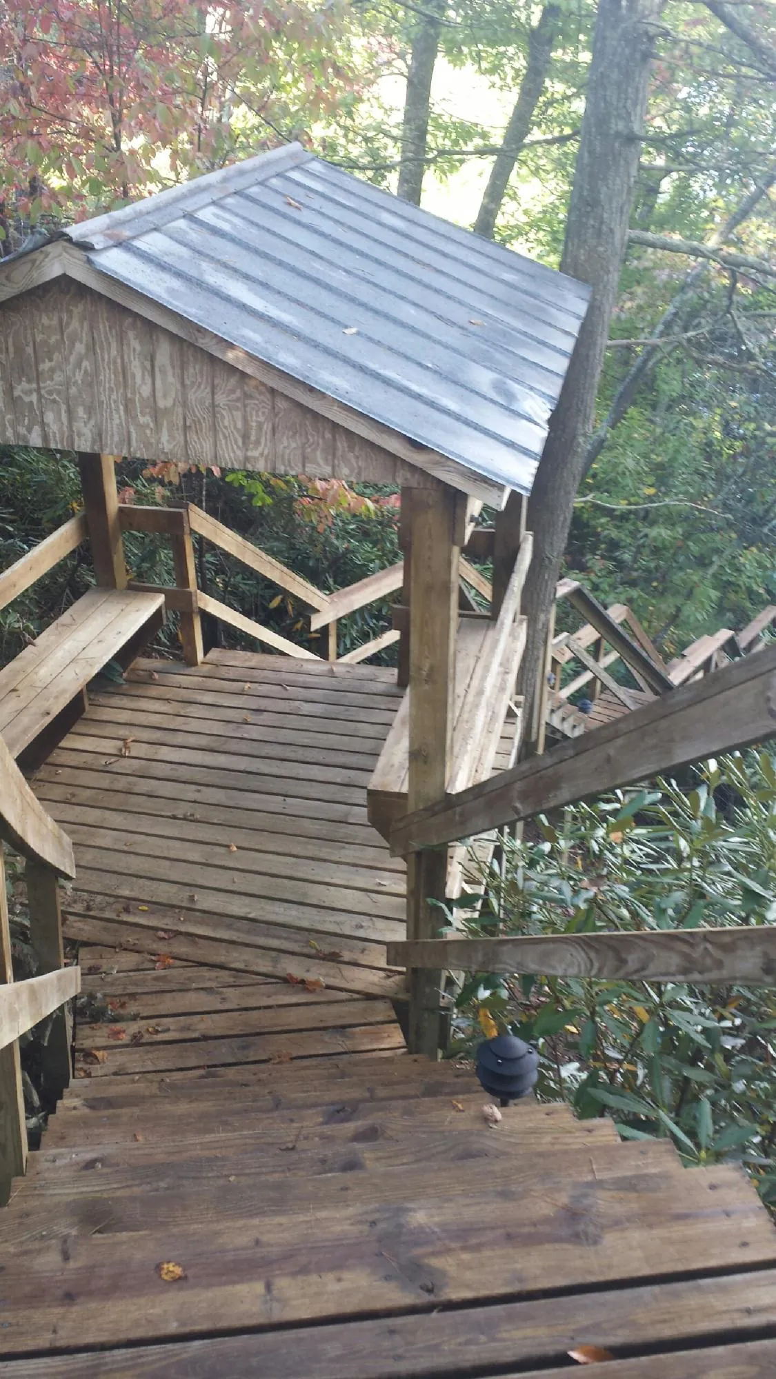 Metal roofed shelter over wooden steps on a wooded walkway — Skylight Repair & Installation work by our crew in Cove